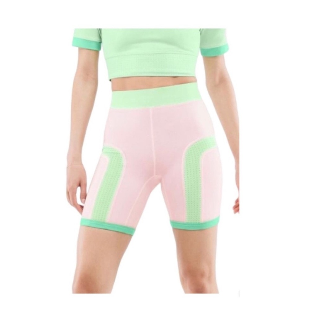 Fabletics High-Waisted Motion 365 Color Block Bike Shorts Pink Green Size Small